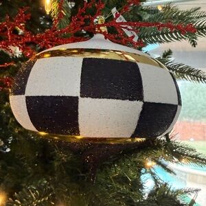 150mmSet of 3 Black & White Buffalo Check Onion Finial Ornaments w/ Gold Accent